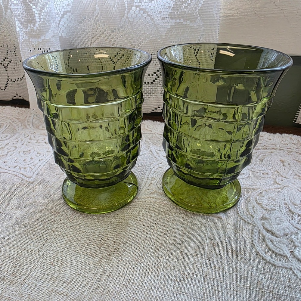 Indiana Glass Whitehall Footed Small 4" Juice Tumblers Set 2 Avocado Green Cubed